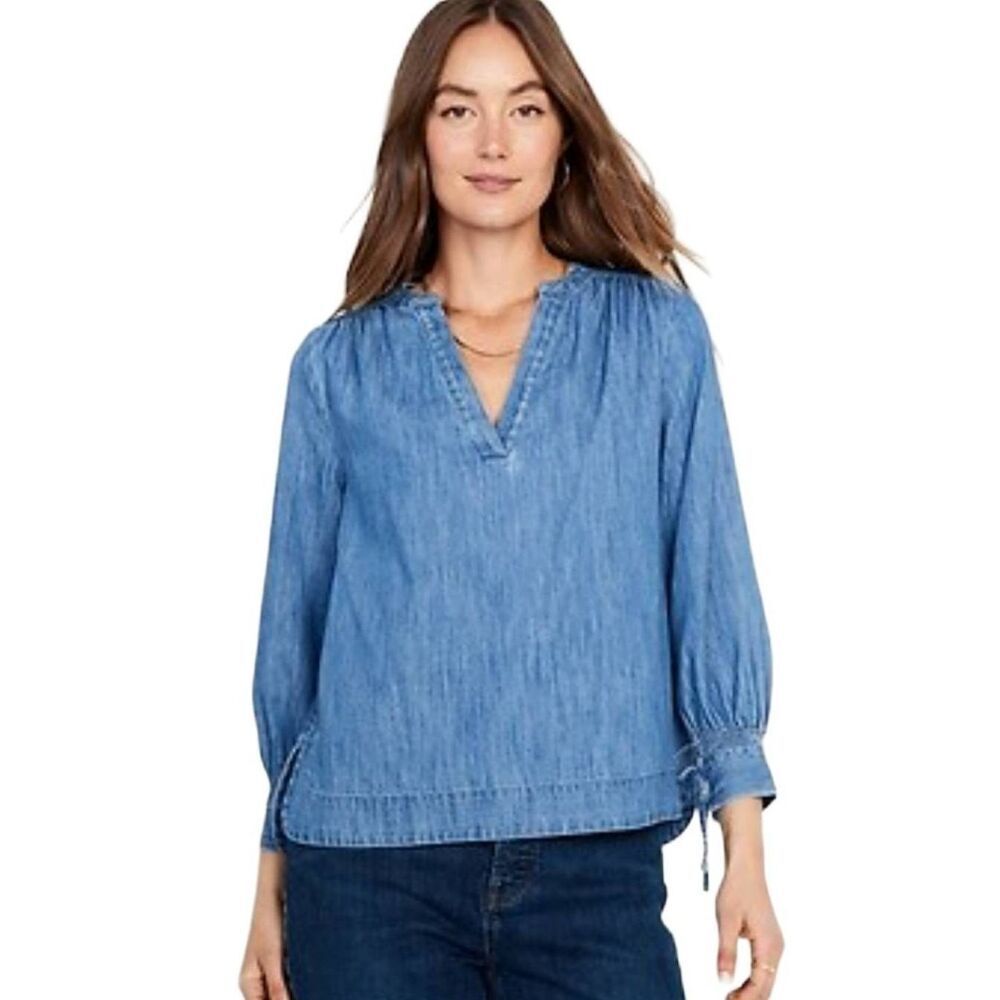 Old Navy Jean Denim Blouses Top Round Split Neck Pleated Shoulder Cuffs Size M